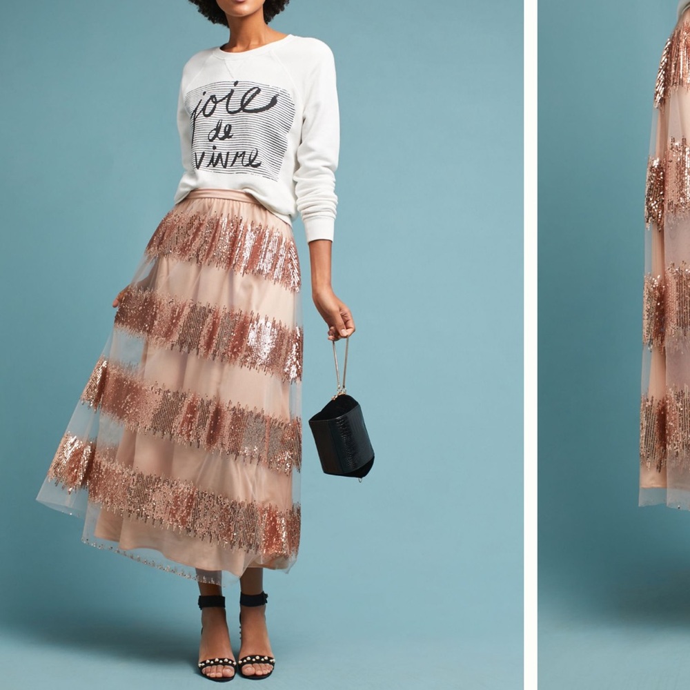 Anthropologie Rose Gold Sequin A-Line Skirt